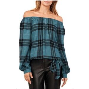 Vince Camuto Women's Deep Forest Metallic Plaid Off the Shoulder Top Size large
